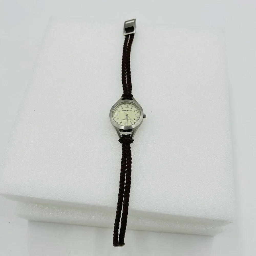 Eddie Bauer Women's Round Brushed Metal Watch V8V121 with Brown Braided Band